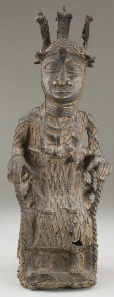 Appraisal: West African Bronze Statue Benin enthroned figure wearing ceremonial headdress