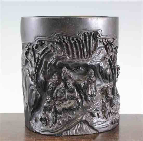 Appraisal: A Chinese black lacquered wood brush pot carved in high