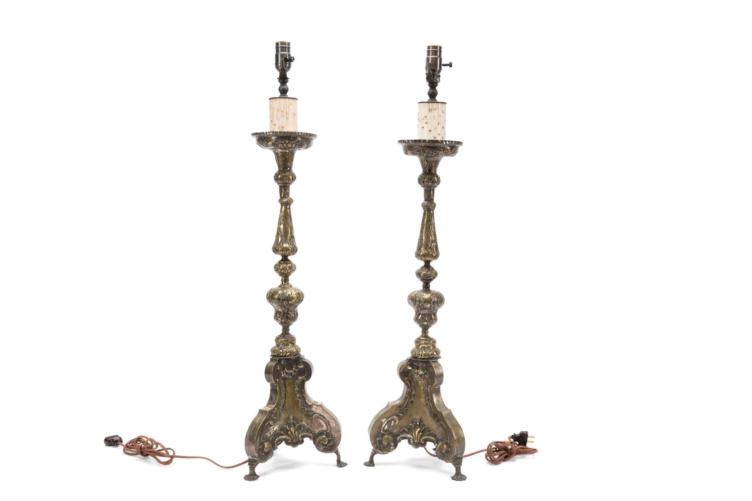 Appraisal: PR SILVERED BRASS PRICKET CANDLESTICK LAMPS Pair of likely Italian