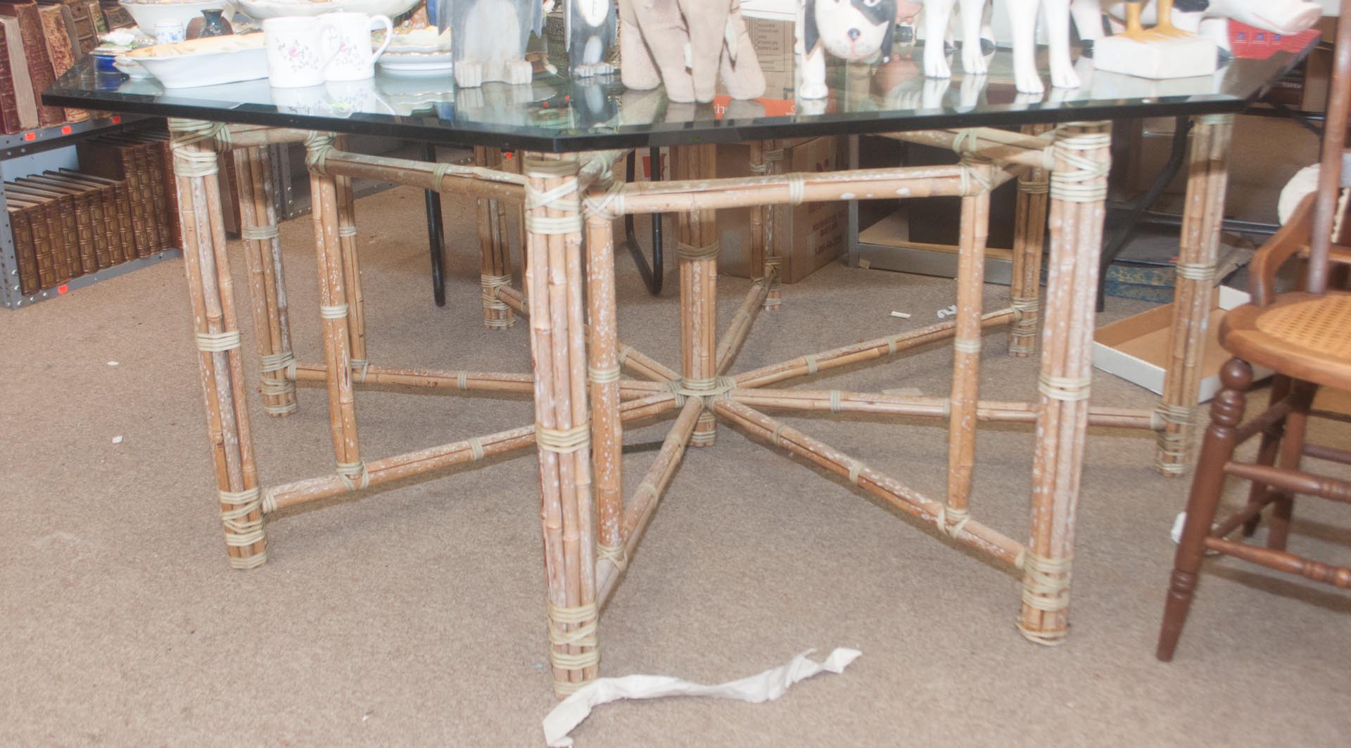 Appraisal: Glass top table with bamboo style base