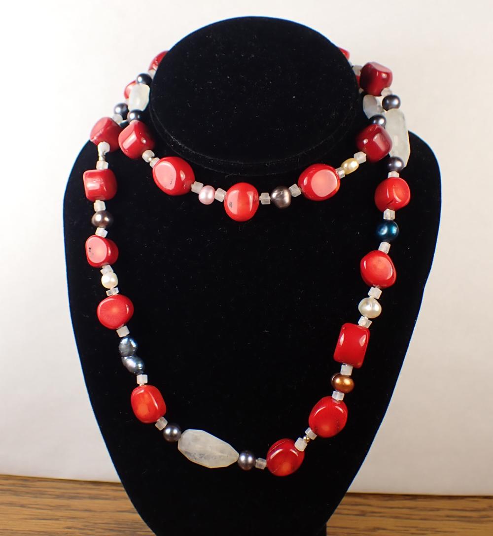 Appraisal: CORAL RAINBOW MOONSTONE AND PEARL NECKLACE - hand-knotted strand of