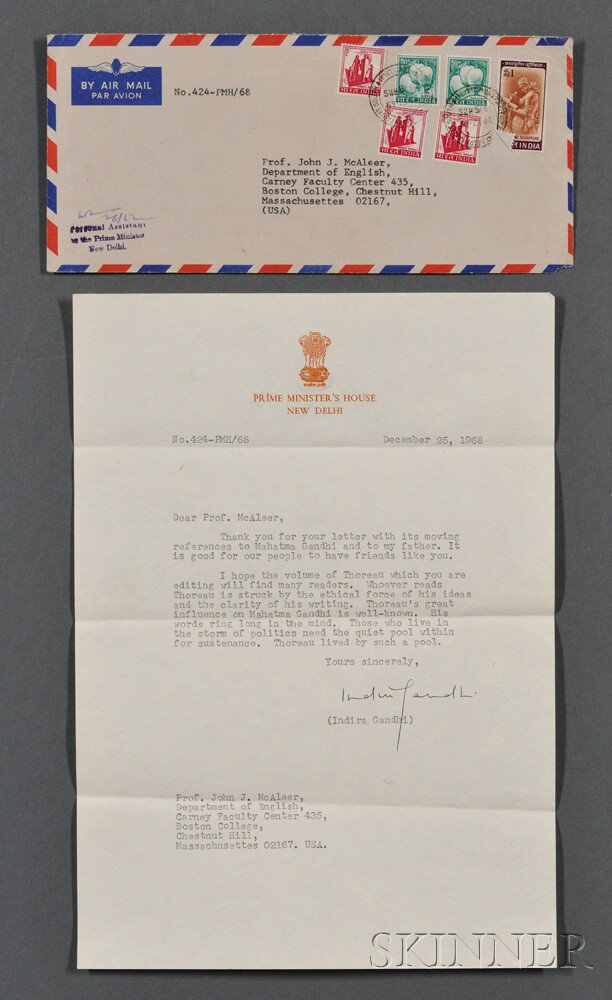 Appraisal: Gandhi Indira - Typed Letter Signed December Single page To