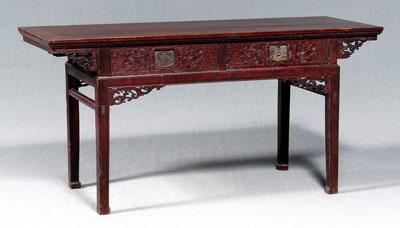 Appraisal: Two drawer Chinese altar table red lacquer with gilt lions