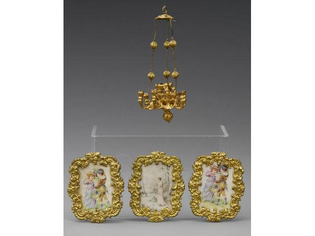 Appraisal: Ormolu -Arm Chandelier Three Framed Pictures MN A six-arm chandelier