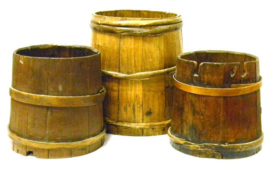 Appraisal: Three wooden stave buckets some wear '' h '' h