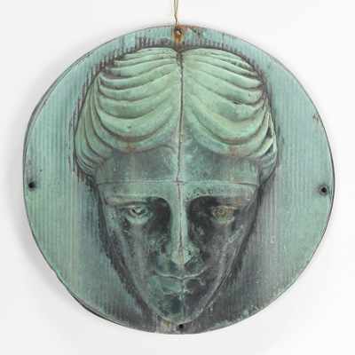 Appraisal: A Verdigris Finished Architectural Element Hammered and assembled copper mask