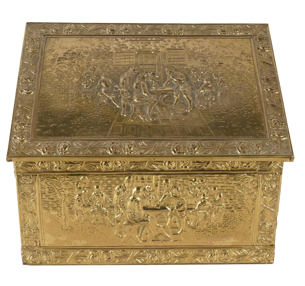 Appraisal: REPOUSSE BRASS-CLAD WOODEN BOXthe hinged slant top front and side