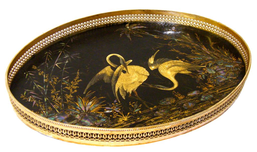 Appraisal: Papier mache lacquered oval galleried tray hand painted with herons