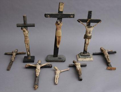 Appraisal: GROUP OF SEVEN SPANISH COLONIAL CRUCIFIXION FIGURES AND A CORPUS