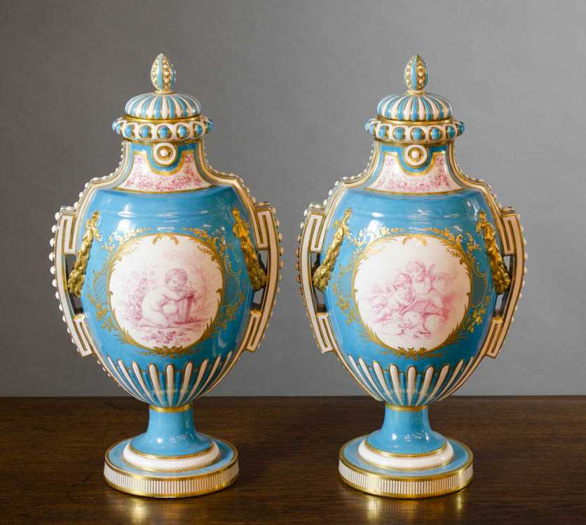 Appraisal: PAIR OF MINTON PORCELAIN LIDDED URNS late th C each