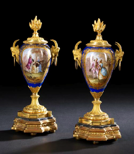 Appraisal: Diminutive Pair of French Ormolu-Mounted Beau Bleu Porcelain Cassolette Candlesticks