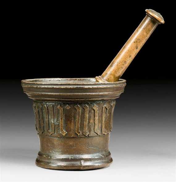 Appraisal: MORTAR WITH PESTLE Renaissance France dated Burnished bronze With signature