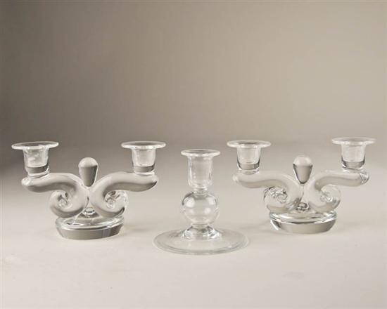 Appraisal: Three Steuben Glass Candlesticks a pair of double candlesticks high