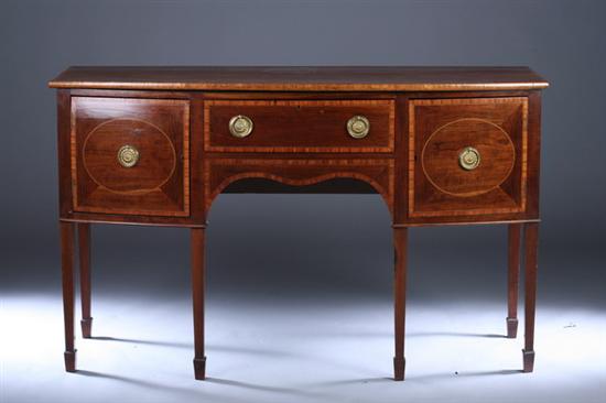 Appraisal: HEPPLEWHITE STYLE INLAID MAHOGANY BOW-FRONT SIDEBOARD th century Central line-inlaid