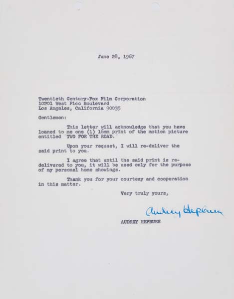 Appraisal: AUDREY HEPBURN Typed letter signed by Hepburn borrowing a -mm