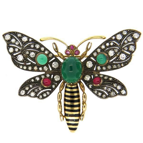 Appraisal: Chrysoprase Tourmaline Diamond Silver k Gold Butterfly Brooch METAL k