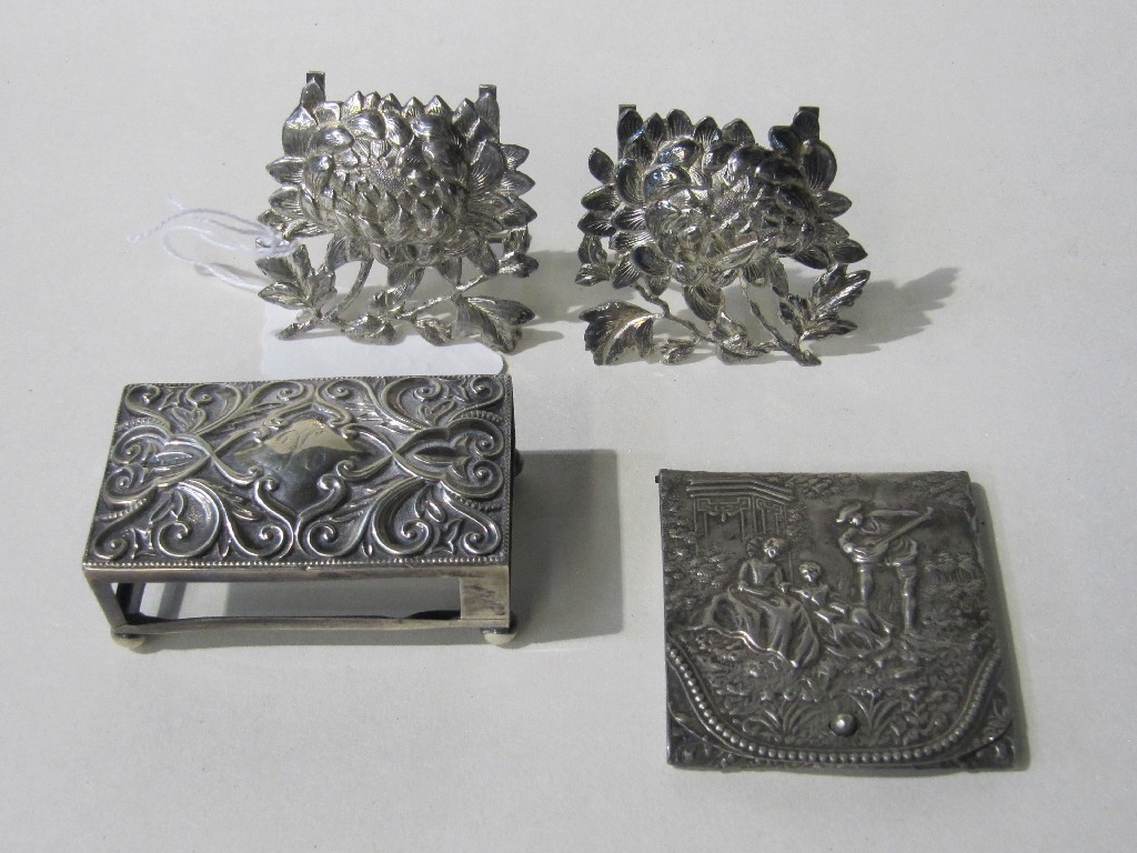 Appraisal: Lot comprising silver matchbox holder a pair oriental white metal