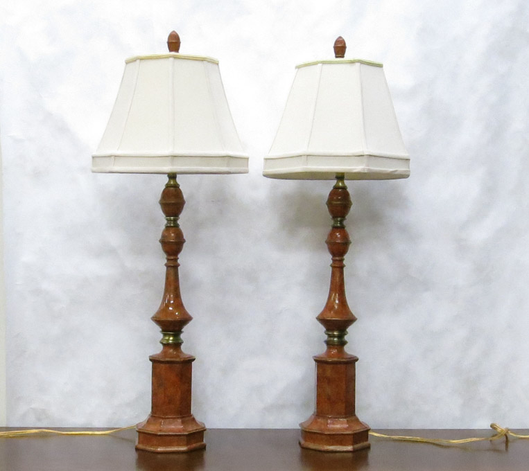 Appraisal: TWO CONTEMPORARY TABLE LAMPS with fabric shades over turned standards