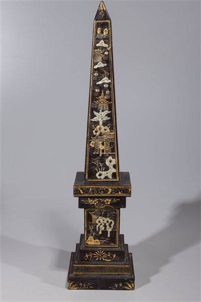 Appraisal: Tall Chinese gilt and lacquer wood obelisk with numerous figures