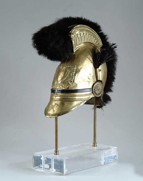 Appraisal: DECORATIVE FIREMAN S HELMET LAMP Brass parade helmet has brass