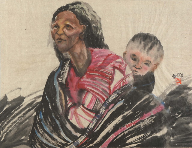 Appraisal: CHINESE SCHOOLA mother carrying a child watercolour wash signed with