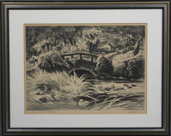 Appraisal: Lester Hornby landscape with river and bridge print signed in