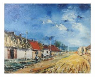 Appraisal: Oil on Canvas Oil on canvas depicting three houses by