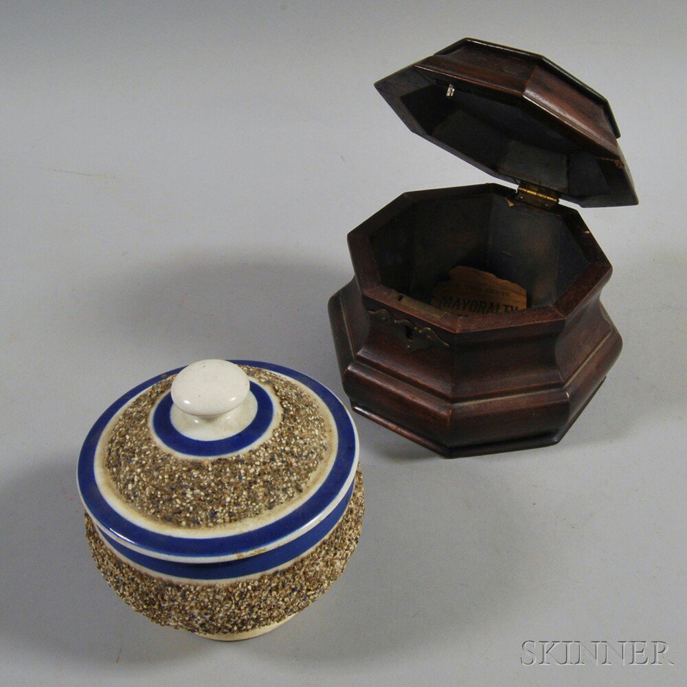 Appraisal: Mochaware Covered Sugar Bowl and an Octagonal Mahogany Tea Caddy