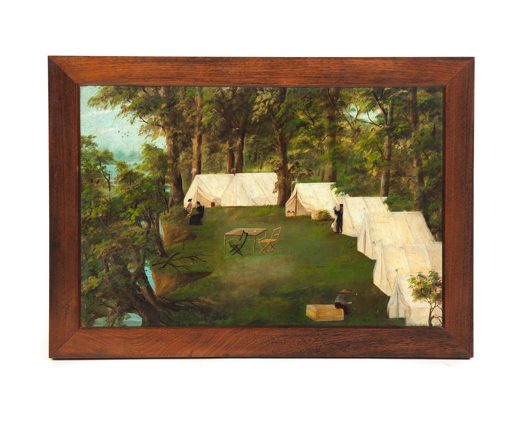 Appraisal: FRAMED OIL ON BOARD OF A CAMPING EXPEDITION POSSIBLY CHAUTAUQUA