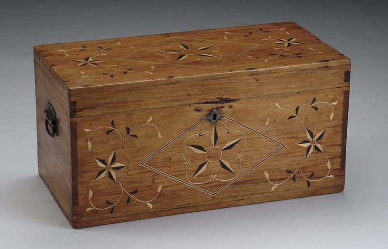 Appraisal: FANCY TEAKWOOD DOVETAILED INLAID SEAMAN S TRUNK Interior fitted with