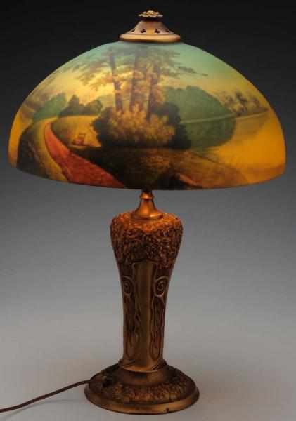 Appraisal: Reverse Painted Lamp Unsigned Trees and outdoor scene Possibly Pittsburgh