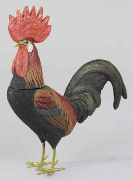 Appraisal: COCK-OF-THE-WALK CANDY CONTAINER Germany beautiful rooster composition candy container glass