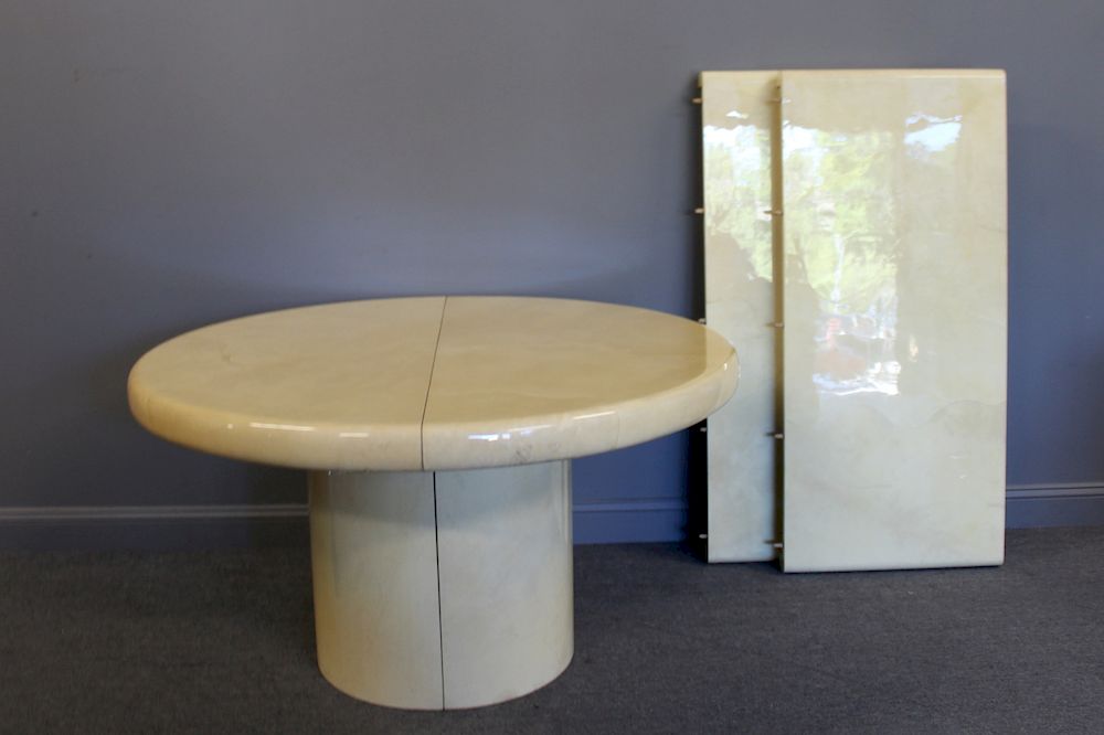 Appraisal: MIDCENTURY Karl Springer Parchment Pedestal Table and leaves From a