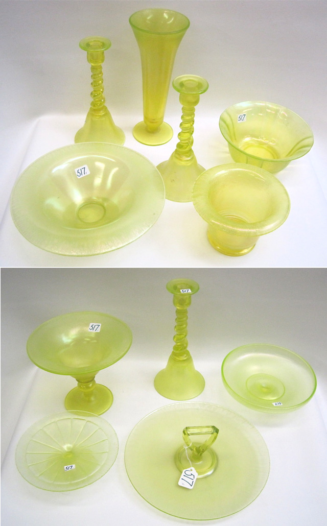 Appraisal: ELEVEN PIECES TOPAZ STRETCH GLASS vase H cheese cracker server