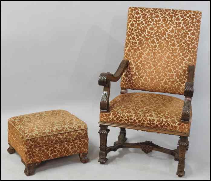 Appraisal: JACOBEAN STYLE UPHOLSTERED OPEN ARM CHAIR AND OTTOMAN Chair back