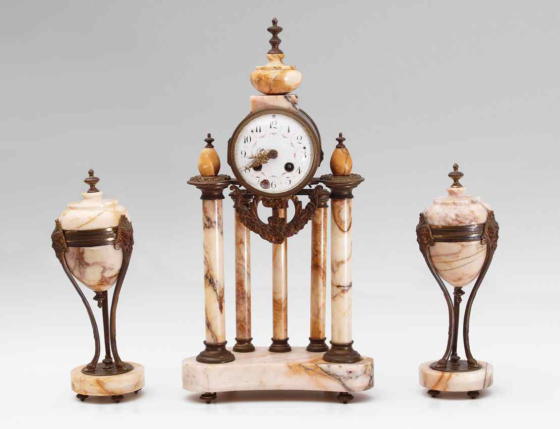 Appraisal: FRENCH MARBLE PORTICO CLOCK GARNITURE SET Urn finial over columns