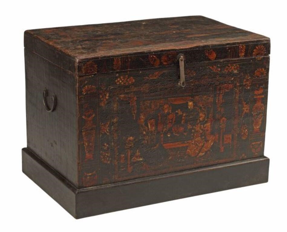 Appraisal: Chinese painted wood opera trunk approx h w d