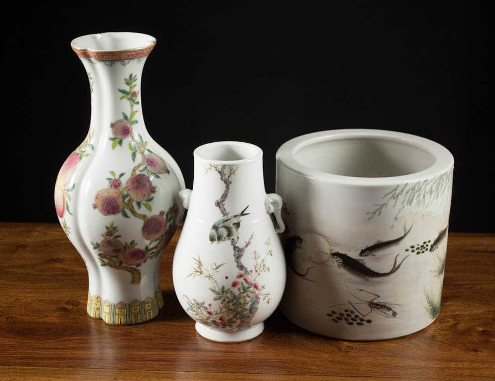 Appraisal: THREE CHINESE PORCELAIN VESSELS Famille Rose vase of lobed form