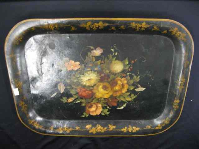 Appraisal: Tole Decorated Tray floral bouquet grape vine trim '' x