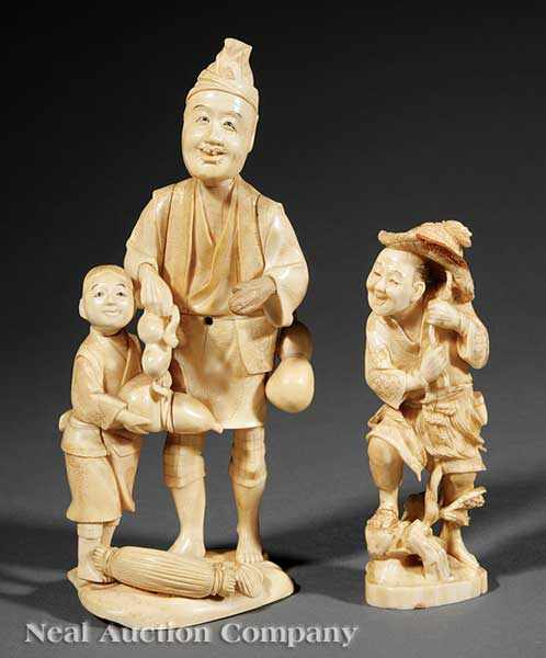 Appraisal: Two Japanese Carved Ivory Okimono Groups the first a sectional