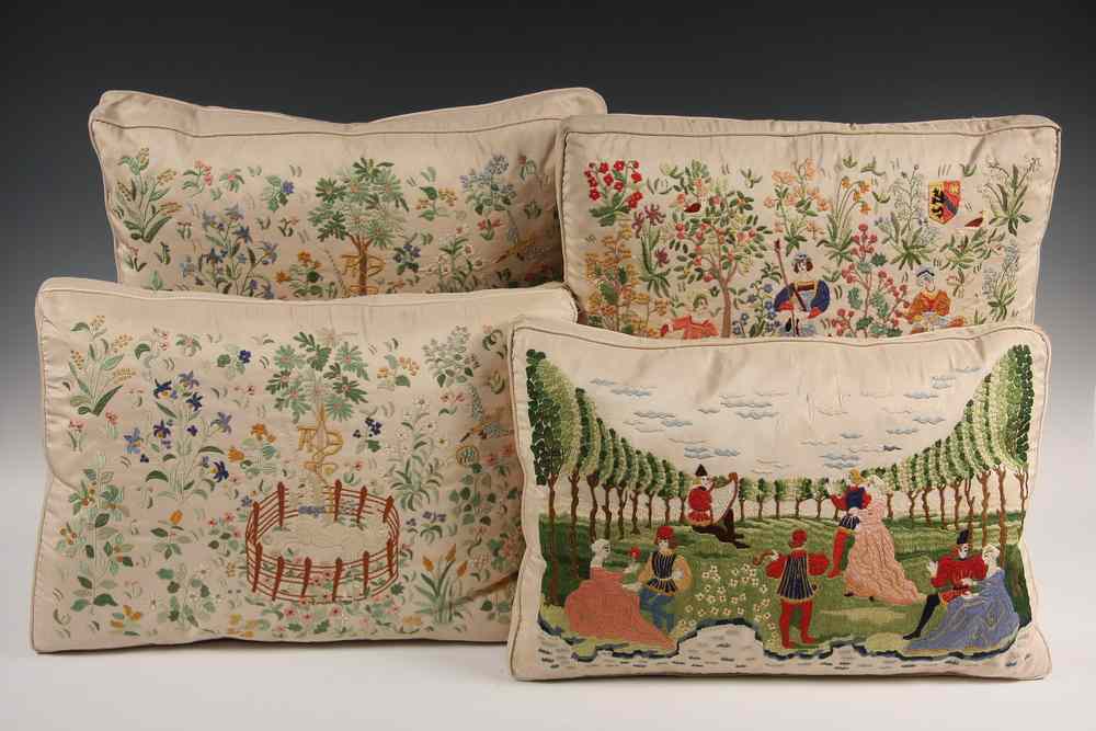 Appraisal: FINELY EMBROIDERED SILK THROW PILLOWS - Four Silk Embroidered Pillows