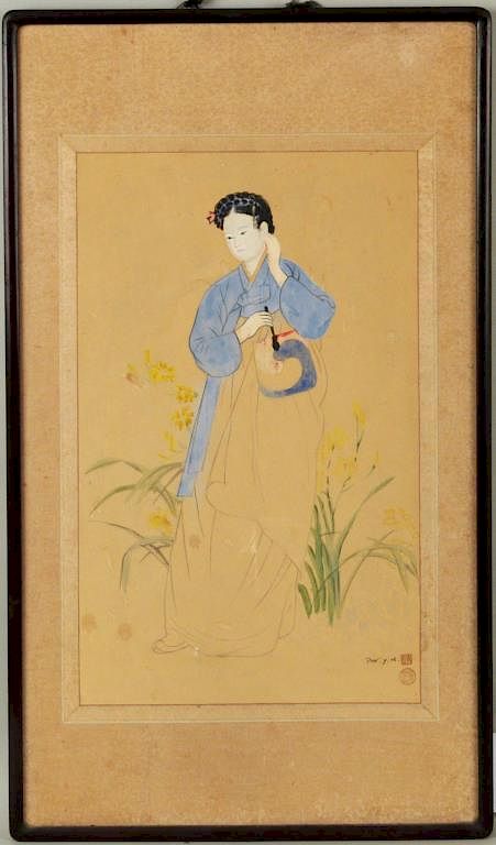 Appraisal: Asian Watercolor Lady With Fan Watercolor Paper Asian watercolor Lady