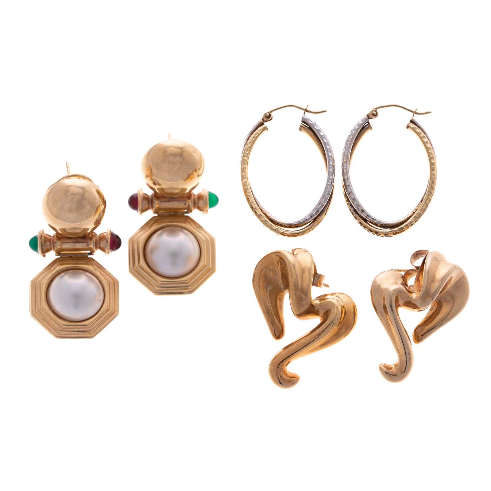 Appraisal: THREE PAIRS OF K EARRINGS K yellow gold earrings with