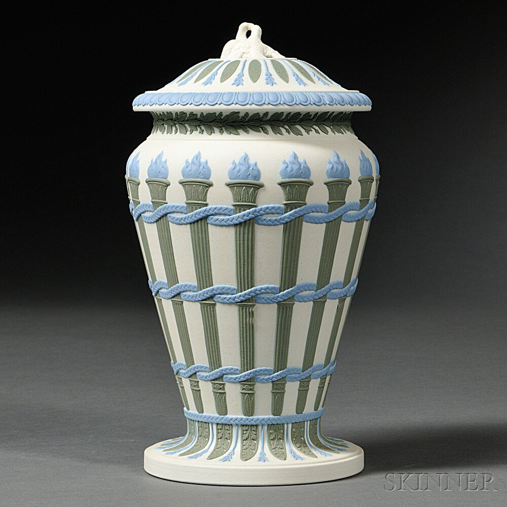 Appraisal: Wedgwood Three-color Jasper Torches Vase and Cover England th century