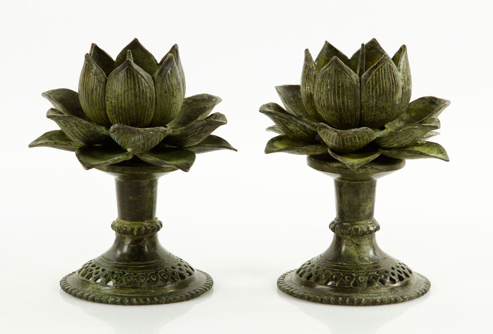 Appraisal: - Pr Chinese Bronze Lotus Shaped Candlesticks Pair of bronze