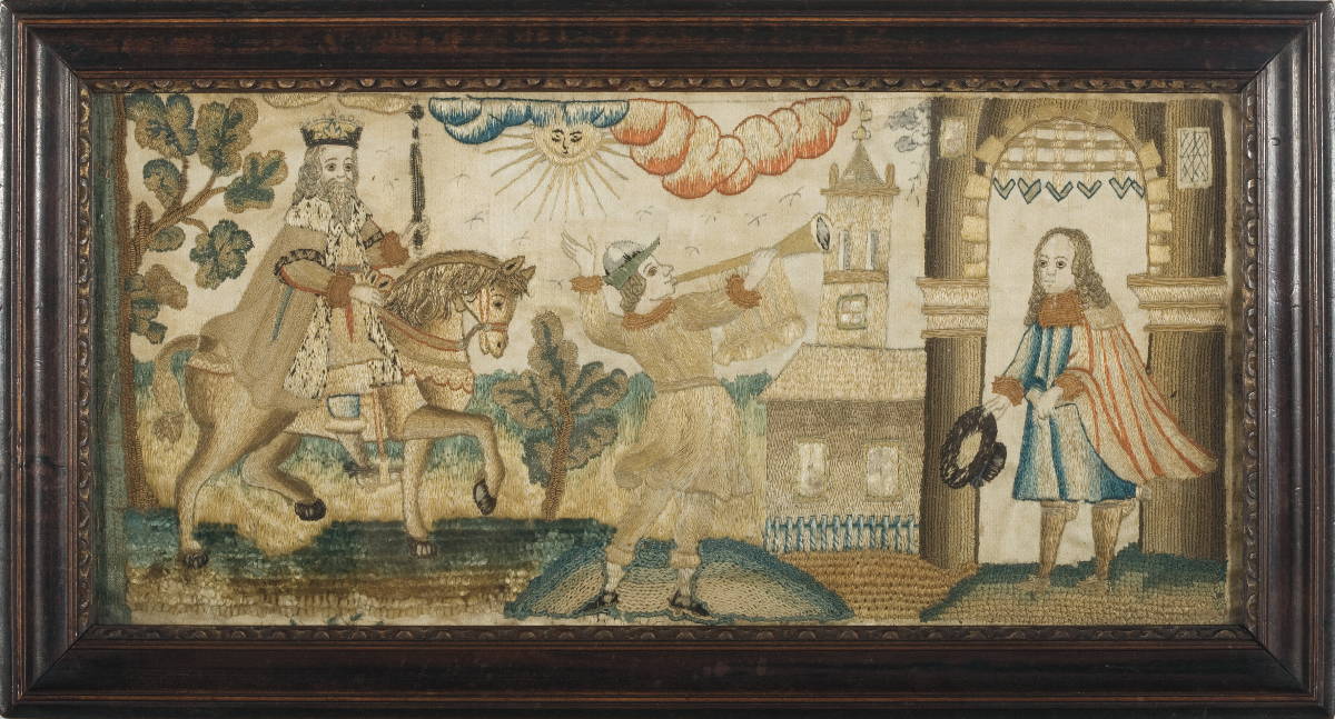 Appraisal: ENGLISH NEEDLEWORK PICTURE OF A KING'S ARRIVAL ON HORSEBACK ANNOUNCED