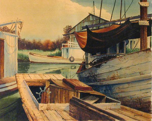 Appraisal: Rolland Harve Golden American born Fishing Boats Docked in a