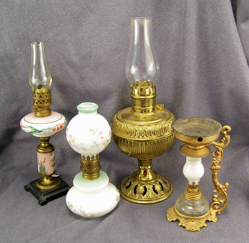 Appraisal: - Miniature Kerosene Lamps Includes Milk glass raised floral decoration