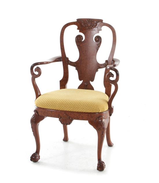 Appraisal: Queen Anne style carved burl walnut armchair late th early