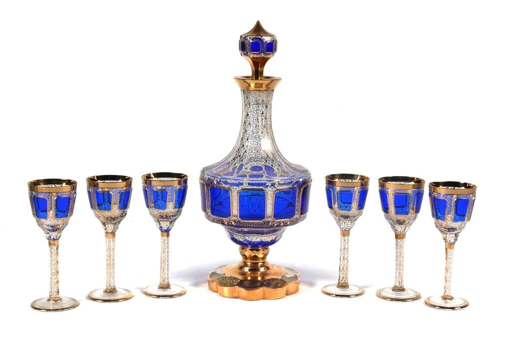 Appraisal: Bohemian cobalt flashed and cut glass decanter set th century